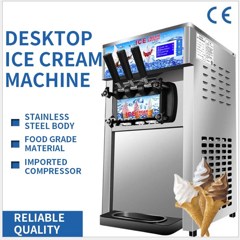 220V Small Ice Cream Machine Tricolor Ice Cream Maker Commercial Stainless Steel Desktop Sweet Cone Freezing Equipment 1200W