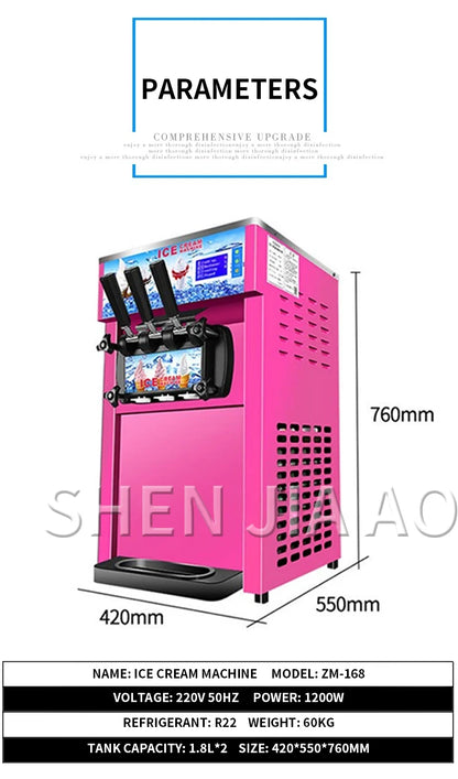 220V Small Ice Cream Machine Tricolor Ice Cream Maker Commercial Stainless Steel Desktop Sweet Cone Freezing Equipment 1200W