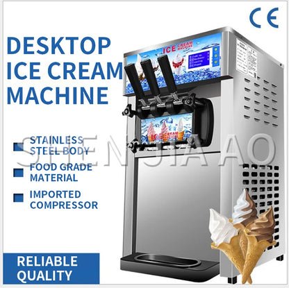 220V Small Ice Cream Machine Tricolor Ice Cream Maker Commercial Stainless Steel Desktop Sweet Cone Freezing Equipment 1200W